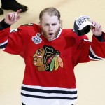 Chicago Blackhawks' Patrick Kane celebrates after defeating the Tampa Bay Lightning in Game 6 of the NHL hockey Stanley Cup Final series on Monday, June 15, 2015, in Chicago. The Blackhawks defeated the Lightning 2-0 to win the series 4-2. (AP Photo/Charles Rex Arbogast)
