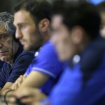 Greece's head coach Fernando Santos looks at his players during a press conference of Greece in Natal, Brazil, Wednesday, June 18, 2014. Greece play in group C of the 2014 soccer World Cup. (AP Photo/Shuji Kajiyama)