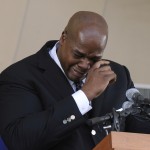  National Baseball Hall of Fame inductee Frank Thomas wipes away tears as he speaks during an induction ceremony at the Clark Sports Center on Sunday, July 27, 2014, in Cooperstown, N.Y. (AP Photo/Tim Roske)
