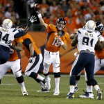 Denver Broncos quarterback Peyton Manning (18) throws during the first half against the San Diego Chargers in an NFL football game, Thursday, Oct. 23, 2014, in Denver. (AP Photo/Joe Mahoney)
