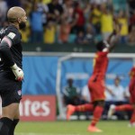 United States' goalkeeper Tim Howard reacts after Belgium's Romelu Lukaku scored his side's second goal during the World Cup round of 16 soccer match between Belgium and the USA at the Arena Fonte Nova in Salvador, Brazil, Tuesday, July 1, 2014. (AP Photo/Julio Cortez)