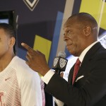 Washington State head coach Ernie Kent, right, speaks next to guard DaVonte Lacy during NCAA college basketball Pac-12 media day in San Francisco, Thursday, Oct. 23, 2014. (AP Photo/Jeff Chiu)