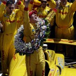 Ryan Hunter-Reay celebrates after winning the Indianapolis 500 IndyCar auto race at the Indianapolis Motor Speedway in Indianapolis, Sunday, May 25, 2014. (AP Photo/Michael Conroy)
