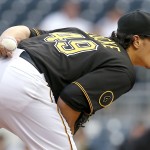  Pittsburgh Pirates starting pitcher Jeff Locke looks for the signal before he throws against the Arizona Diamondbacks in the first inning of the baseball game on Tuesday, July 1, 2014, in Pittsburgh. (AP Photo/Keith Srakocic)