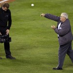 Medal of Honor recipient Army Retired Lieutenant Colonel Charles Hagemeister throws out the ceremonial first pitch before Game 6 of baseball's World Series between the Kansas City Royals and the San Francisco Giants Tuesday, Oct. 28, 2014, in Kansas City, Mo. (AP Photo/Jeff Roberson)