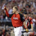 National League's Todd Frazier, of the Cincinnati Reds, reacts during the MLB All-Star baseball Home Run Derby, Monday, July 13, 2015, in Cincinnati. (AP Photo/Jeff Roberson)