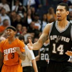 San Antonio Spurs guard Danny Green (14) reacts to a five second call against the Phoenix Suns in the second quarter during an NBA basketball game, Friday, Oct. 31, 2014, in Phoenix. (AP Photo/Rick Scuteri)
