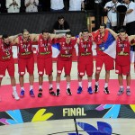 Players of second place winner Serbia celebrate after the final World Basketball match between the United States and Serbia at the Palacio de los Deportes stadium in Madrid, Spain, Sunday, Sept. 14, 2014. The team of the United States won the final. (AP Photo/Manu Fernandez)