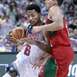 Derrick Rose of the U.S, left, vies for the ball over Mexico's Paul Stoll during Basketball World Cup Round of 16 match between United States and Mexico at the Palau Sant Jordi in Barcelona, Spain, Saturday, Sept. 6, 2014. The 2014 Basketball World Cup competition will take place in various cities in Spain from Aug. 30 through to Sept. 14. (AP Photo/Manu Fernandez)
