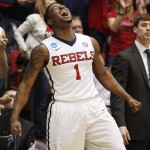 Mississippi's Martavious Newby (1) celebrates in the second half of a first round NCAA tournament game against Brigham Young Tuesday, March 17, 2015 in Dayton, Ohio. Mississippi won 94-90 to advance. (AP Photo/Skip Peterson)