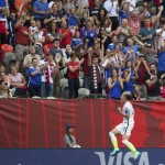 United States' Abby Wambach celebrates her goal against Nigeria during the first half of a FIFA Women's World Cup soccer game Tuesday, June 16, 2105, in Vancouver, British Columbia, Canada. (Darryl Dyck/The Canadian Press via AP)
