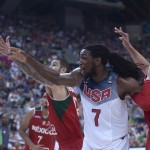 Kenneth Faried of the U.S., second right, vies for the ball over Mexico's Hector Hernandez, left, and Gustavo Ayon during Basketball World Cup Round of 16 match between United States and Mexico at the Palau Sant Jordi in Barcelona, Spain, Saturday, Sept. 6, 2014. The 2014 Basketball World Cup competition will take place in various cities in Spain from Aug. 30 through to Sept. 14. (AP Photo/Manu Fernandez)