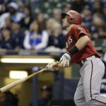 Arizona Diamondbacks' Paul Goldschmidt watches his home run against the Milwaukee Brewers during the first inning of a baseball game Sunday, May 31, 2015, in Milwaukee. (AP Photo/Jeffrey Phelps)