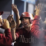 Arizona Diamondbacks' Paul Goldschmidt is congratulated in the dugout after hitting a two-run home run during the fifth inning of a baseball game against the Los Angeles Dodgers, Wednesday, June 10, 2015, in Los Angeles. (AP Photo/Mark J. Terrill)