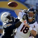 San Diego Chargers outside linebacker Melvin Ingram, left, knocks a pass way from Denver Broncos quarterback Peyton Manning during the first half of an NFL football game Sunday, Dec. 14, 2014, in San Diego. (AP Photo/Lenny Ignelzi)
