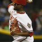 Arizona Diamondbacks starting pitcher Rubby De La Rosa throws against the against the Los Angeles Dodgers during the first inning of a baseball game, Tuesday, June 30, 2015, in Phoenix. (AP Photo/Matt York)