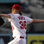 Los Angeles Angels starting pitcher Jered Weaver throws against the Arizona Diamondbacks during the first inning of a baseball game in Anaheim, Calif., Monday, June 15, 2015. (AP Photo/Alex Gallardo)
