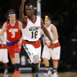 Blake Leeper gestures after making a 3-point basket during the first half of the NBA All-Star celebrity basketball game Friday, Feb. 13, 2015, in New York. (AP Photo/Frank Franklin II)
