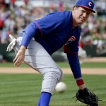Actor Will Ferrell play first base for the Chicago Cubs during a spring training baseball exhibition game against the Los Angeles Angels in Tempe, Ariz., on Thursday, March 12, 2015. The comedian plans to play every position while making appearances at five Arizona spring training games on Thursday. (AP Photo/Chris Carlson)