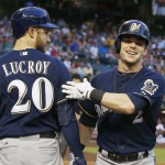 Milwaukee Brewers' Scooter Gennett (2) smiles as he celebrates his home run against the Arizona Diamondbacks with teammate Jonathan Lucroy (20) during the third inning of a baseball game on Monday, June 16, 2014, in Phoenix. (AP Photo/Ross D. Franklin)