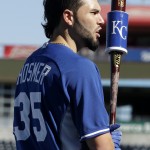 Kansas City Royals' Eric Hosmer waits to bat during baseball practice Monday, Oct. 20, 2014, in Kansas City, Mo. The Royals will host the San Francisco Giants in Game 1 of the World Series on Oct. 21. (AP Photo/Charlie Riedel)