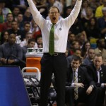 Oregon head coach Dana Altman yells toward the court during the second half of an NCAA college basketball game against Arizona in the championship of the Pac-12 conference tournament Saturday, March 14, 2015, in Las Vegas. Arizona won 80-52. (AP Photo/John Locher)