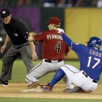 Umpire Jeff Kellogg, left, watches as Texas Rangers' Shin-Soo Choo (17) slides safely into second with a double as Arizona Diamondbacks second baseman Cliff Pennington (4) reaches for the throw during the eighth inning of a baseball game Wednesday, July 8, 2015, in Arlington, Texas. The Diamondbacks won 7-4. (AP Photo/Tony Gutierrez)