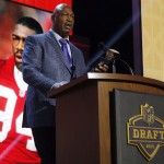 NFL Hall of Famer Charles Haley announces that the San Francisco 49ers selects Samford defensive back Jaquiski Tartt as the 46th pick in the second round of the 2015 NFL Football Draft, Friday, May 1, 2015, in Chicago. (AP Photo/Charles Rex Arbogast)