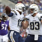 San Diego Chargers wide receiver Keenan Allen, center, celebrates his touchdown with teammate John Phillips in front of Baltimore Ravens inside linebacker Daryl Smith (51) in the first half of an NFL football game, Sunday, Nov. 30, 2014, in Baltimore. (AP Photo/Nick Wass)