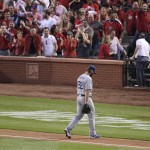 Los Angeles Dodgers starting pitcher Clayton Kershaw walks off the field after being taken out of the game in the seventh inning of Game 4 of baseball's NL Division Series against the St. Louis Cardinals, Tuesday, Oct. 7, 2014, in St. Louis. (AP Photo/Tom Gannam)