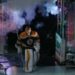 Boston Bruins goalie Tuukka Rask (40), of Finland is introduced prior to the Bruins' home opener in an NHL hockey game against the Philadelphia Flyers in Boston, Wednesday, Oct. 8, 2014. (AP Photo/Elise Amendola)
