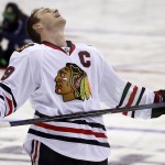 Chicago Blackhawks' Jonathan Toews, and captain of Team Toews reacts to his performance in the shooting accuracy contest during the NHL All-Star hockey skills competition in Columbus, Ohio, Saturday, Jan. 24, 2015. (AP Photo/Gene J. Puskar)
