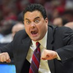 Arizona head coach Sean Miller calls to his team during the first half of a college basketball regional final against Wisconsin in the NCAA Tournament, Saturday, March 28, 2015, in Los Angeles. (AP Photo/Mark J. Terrill)