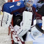  Colorado Avalanche goalie Semyon Varlamov (1) from Russia makes a save against the Minnesota Wild in the second period of Game 2 of an NHL hockey first-round playoff series on Saturday, April 19, 2014, in Denver. (AP Photo/Jack Dempsey)