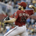 Arizona Diamondbacks starting pitcher Josh Collmenter (55) throws in the first inning during a baseball game against the Miami Marlins, Sunday, Aug. 17, 2014, in Miami. (AP Photo/Lynne Sladky)