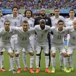 The United States team pose for a group photo before the World Cup round of 16 soccer match between Belgium and the USA at the Arena Fonte Nova in Salvador, Brazil, Tuesday, July 1, 2014. (AP Photo/Matt Dunham)