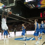United States's Kenneth Faried, dunks during the Group C Basketball World Cup match against Finland, in Bilbao northern Spain, Saturday, Aug. 30, 2014. The 2014 Basketball World Cup competition will take place in various cities in Spain from Aug. 30 through to Sept. 14. (AP Photo/Alvaro Barrientos)