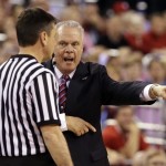 Wisconsin head coach Bo Ryan argues a call with a referee during the first half of the NCAA Final Four college basketball tournament championship game against Duke Monday, April 6, 2015, in Indianapolis. (AP Photo/Charlie Neibergall)