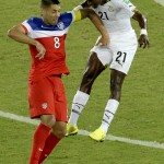 United States' Clint Dempsey, left, and Ghana's John Boye go up for a header during the group G World Cup soccer match between Ghana and the United States at the Arena das Dunas in Natal, Brazil, Monday, June 16, 2014. (AP Photo/Hassan Ammar)