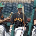 San Francisco Giants catcher Buster Posey, center, leaves the batting cage during practice prior to a spring training exhibition baseball game against the Arizona Diamondbacks Tuesday, March 17, 2015, in Scottsdale, Ariz. (AP Photo/Ben Margot)