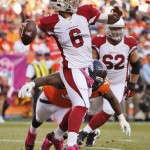 Arizona Cardinals quarterback Logan Thomas (6) throws against the Denver Broncos during the second half of an NFL football game, Sunday, Oct. 5, 2014, in Denver. (AP Photo/Jack Dempsey)