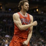 Chicago Bulls' Paul Gasol reacts against the Milwaukee Bucks during the first half of Game 6 of an NBA basketball first-round playoff series Thursday, April 30, 2015, in Milwaukee. (AP Photo/Jeffrey Phelps)