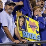 Kansas City Royals fans watch during the seventh inning of Game 1 of baseball's World Series against the San Francisco Giants Tuesday, Oct. 21, 2014, in Kansas City, Mo. (AP Photo/Charlie Riedel)