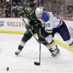 St. Louis Blues right wing Dmitrij Jaskin (23), of Russia, and Minnesota Wild defenseman Jordan Leopold (33) chase the puck during the second period of Game 6 of an NHL hockey first-round playoff series in St. Paul, Minn., Sunday, April 26, 2015. The Wild won 4-1 to win the series. (AP Photo/Ann Heisenfelt)