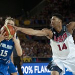 United States's Anthony Davis, right, duels for the ball beside Finland's Antero Lehto, during the Group C Basketball World Cup match between United States and Finland, in Bilbao northern Spain, Saturday, Aug. 30, 2014. The 2014 Basketball World Cup competition will take place in various cities in Spain from Aug. 30 through to Sept. 14. (AP Photo/Alvaro Barrientos)