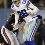 Dallas Cowboys tight end Gavin Escobar (89) catches a touchdown pass against Chicago Bears free safety Brock Vereen (45) during the second half of an NFL football game Thursday, Dec. 4, 2014, in Chicago. (AP Photo/Nam Y. Huh)
