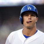 Los Angeles Dodgers' Joc Pederson sticks his tongue out after striking out during the first inning of a baseball game against the Arizona Diamondbacks, Wednesday, June 10, 2015, in Los Angeles. (AP Photo/Mark J. Terrill)