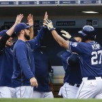 San Diego Padres' Matt Kemp high-fives his way through the dugout after scoring against the Arizona Diamondbacks during the first inning of a baseball game Saturday, June 27, 2015, in San Diego. (AP Photo/Lenny Ignelzi)
