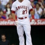 Los Angeles Angels' Mike Trout reacts to being called out during a baseball game against the Arizona Diamondbacks at Angel Stadium, Monday, June 15, 2015 in Anaheim, Calif. (Matt Masin/The Orange County Register via AP)