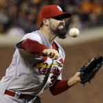St. Louis Cardinals relief pitcher Pat Neshek throws against the San Francisco Giants during the eighth inning of Game 4 of the National League baseball championship series Wednesday, Oct. 15, 2014, in San Francisco. (AP Photo/Jeff Roberson)